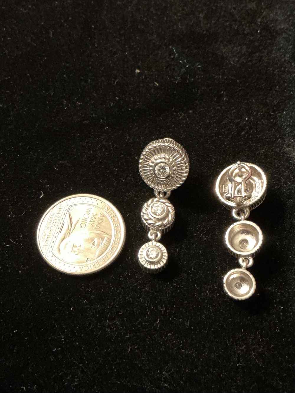 Judith Ripka Silver Triple Disc Drop Earrings with Clear Stones